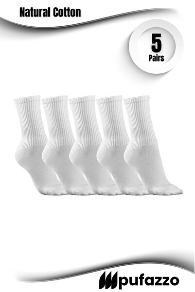 PUFAZZO Set de 5 șosete sportive de tenis albe unisex - bumbac natural, talpă din prosop D fără cusături