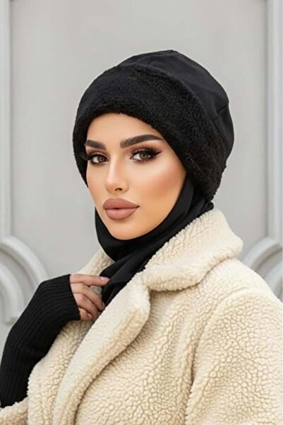 Aişe tesettür قبعة حجاب مع إكسسوارات من الفرو الأسود