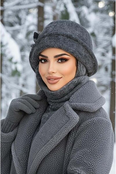 Aişe tesettür Antrasit Melanj Aksesuarlı Atkılı Vintage Şapka
