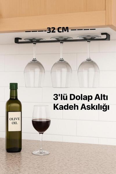 VENON 3’lü Metal Kadeh Askılığı 3 Kadeh Kapasiteli – Dolap Altı Montaj, Şık v...