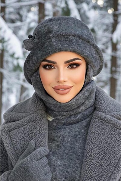 Aişe tesettür Antrasit Melanj Aksesuarlı Atkılı Vintage Şapka