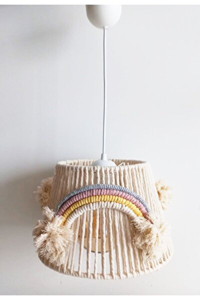 C&A&B KUZEY AVİZE Ekru Makrome Ip Sargı Gökkuşağı Aplikeli El Yapımı Ponponlu Kız Bebek Ve Çocuk Odası Avize(8)