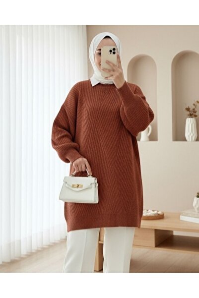 Modamorfo Bisiklet Yaka Baklava Desen Triko Kazak -Kiremit