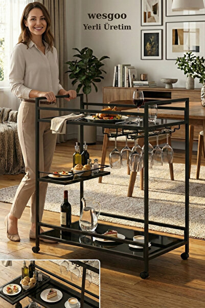 Wesgoo Servis Arabası-bar-dressuar Mat Siyah-siyah Cam