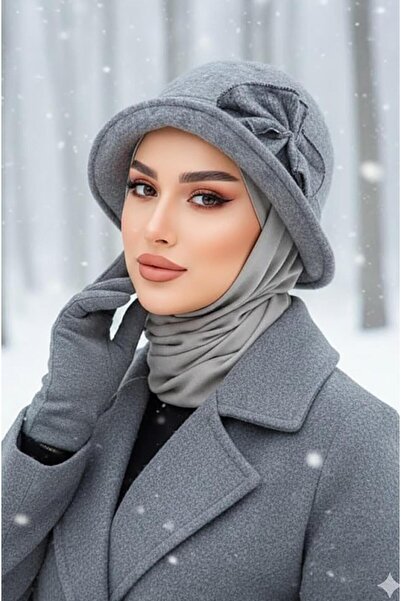 Aişe tesettür Antrasit Aksesuarlı Bucket Şapka - 30401