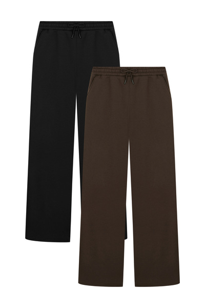 veres Women's Black and Brown Two-Piece High-Waisted Winter Fleece-Lined Wide-Leg Sweatpants with Stitched Cuffs