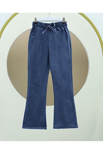 Modamorfo evazat Pantaloni din denim cu detaliu cu dantelă - Albastru gheață