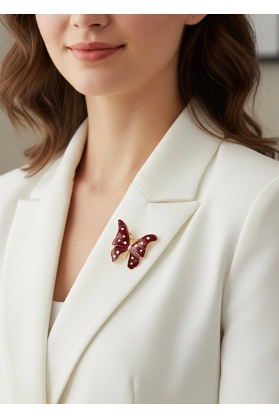 MODAMİRA AKSESUAR Kelebek Broş | Bordo Renk-Beyaz Benek