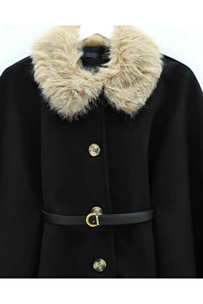 Modamorfo Buttoned Cashmere Poncho with Fur Collar and Belted Waist - Black