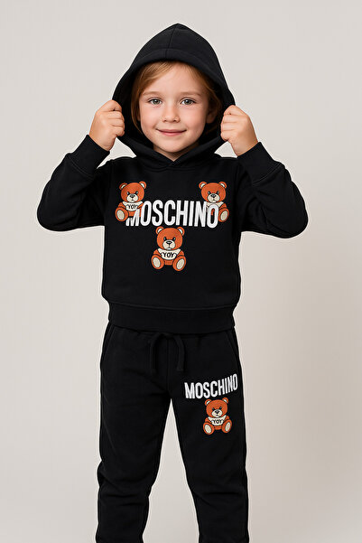 YusGos Girl's 100% Cotton Hooded Teddy Bear Printed High Quality Tracksuit Set (3-15 Years) Black 8