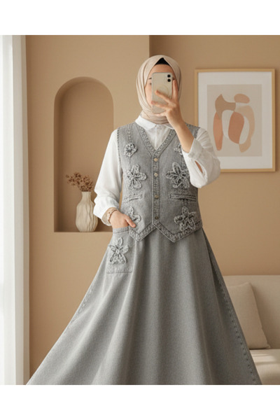 Modamorfo Φούστα με σχέδιο με ελαστική μέση Φούστα γιλέκο Τζιν Σετ -Γκρι