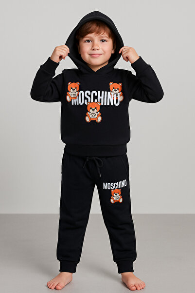 YusGos Girl's 100% Cotton Hooded Teddy Bear Printed High Quality Tracksuit Set (3-15 Years) Black 8