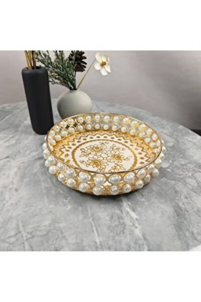 Generic Dressing Table Pearl Tray, Luxury Circular Metal Makeup Tray