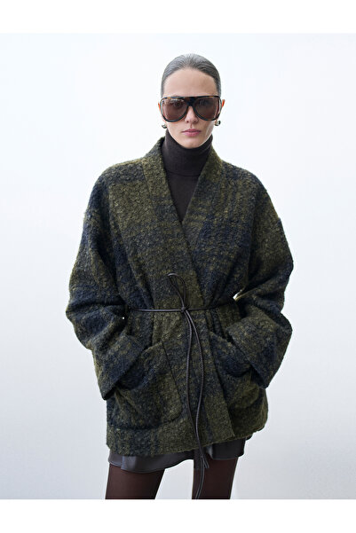 Koton Plaid Coat with Belt and Pockets Long Sleeve