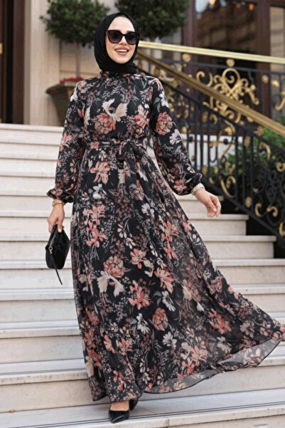 Neva Style فستان حجاب أسود منقوش بالزهور 27968S