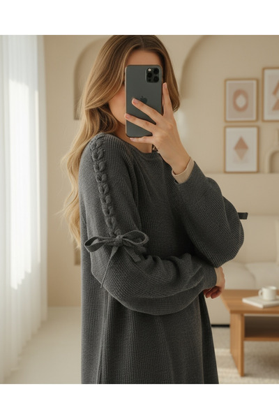 Modamorfo Πλεκτό πλεκτό πλεκτό πουλόβερ με πλεκτά μαλλιά στους ώμους - Καπνιστό