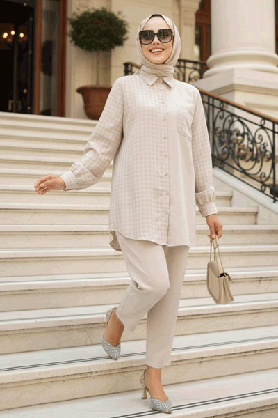 Neva Style Set dublu Hijab Bej - Detaliu Gingham, 12191BEJ