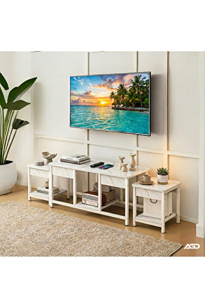 AGD Nesting coffee tables, 3-piece side tables for the living room, and a white TV stand.