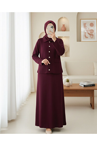 Modamorfo طقم تريكو بياقة وتنورة بأزرار أمامية - لون بورجوندي