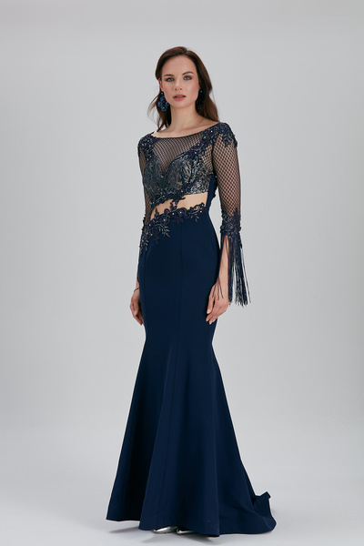 Neva Style Rochie de seara albastru bleumarin cu broderie cu margele 75501L