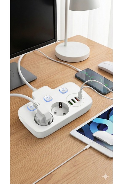 sonx Akım Korumalı 2500W Güçlü 3 USB + Type-C Portlu Çoklu Priz | Hızlı Şarj, Çocuk Kilidi, 2 METRE