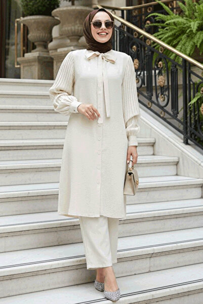 Neva Style Sleeves Pleated Cream Hijab Double Suit 51991Kr