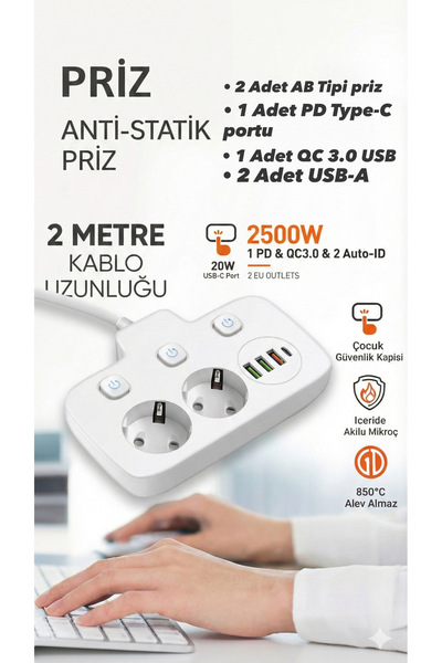 sonx Akım Korumalı 2500W Güçlü 3 USB + Type-C Portlu Çoklu Priz | Hızlı Şarj, Çocuk Kilidi, 2 METRE