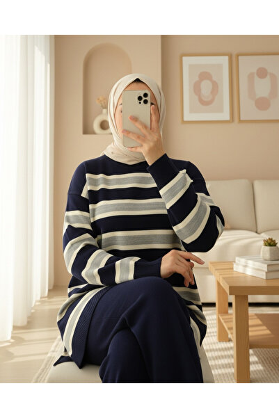 Modamorfo Round Neck Colorful Striped Casual Knitwear Set - Gray