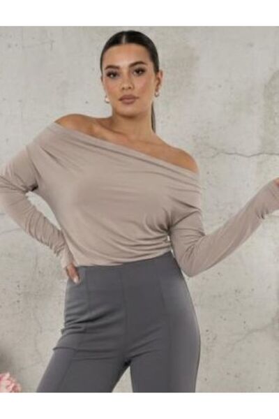 BY HUPE Drape/ Ruched Detail Draped Asymmetrical Neckline Knitted Sandy Blouse