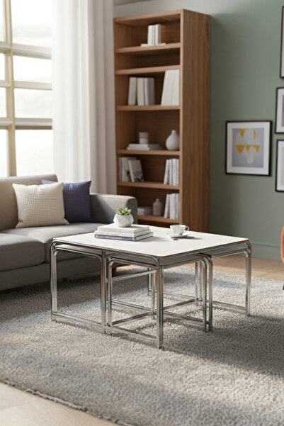 usta mekan Demet 5 li Gümüş Beyaz Yavrulu 4+1 Kare Orta Sehpa