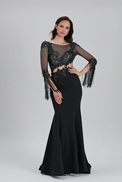 Neva Style Μαύρο βραδινό φόρεμα με χάντρες 75501S