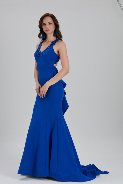 Neva Style Βραδινό φόρεμα με λεπτομέρεια λουλουδιών Sax Blue 6419SX