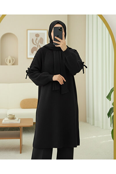 Modamorfo Πλεκτό πλεκτό πλεκτό ρούχο με πλεκτά μαλλιά στους ώμους - Μαύρο