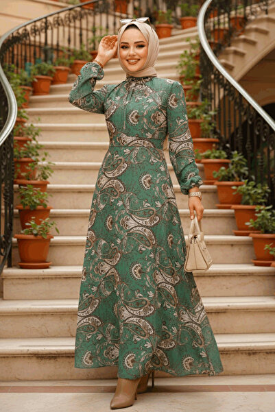 Neva Style Rochie Hijab verde cu modele florale 279081Y