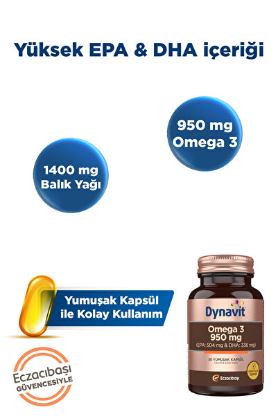 Dynavit Omega 3 950 mg 30 Yumuşak Kapsül - Yüksek EPA & DHA - 1400mg Balık Yağı