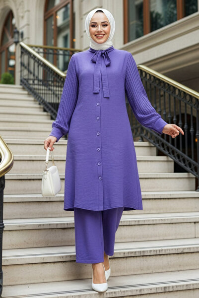 Neva Style Μωβ Hijab Πλισέ μανίκια Διπλό Σετ - 51991MOR