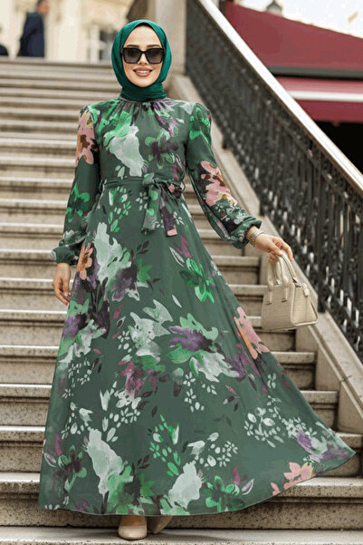 Neva Style Floral Patterned Khaki Hijab Dress 27942Hk