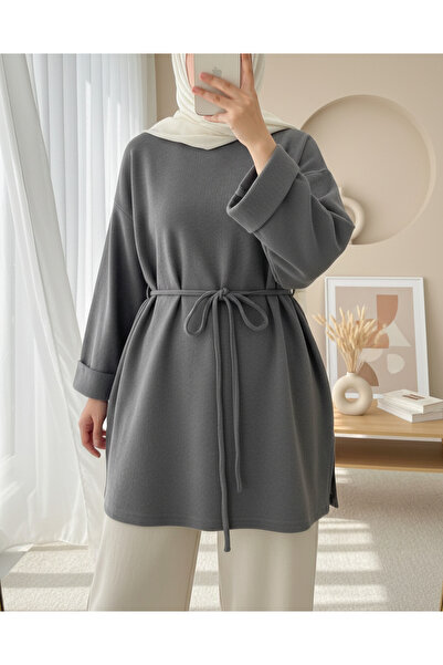 Modamorfo Slit Ribbed Knit Tunic with Layered Sleeves and Tie Waist - Gray