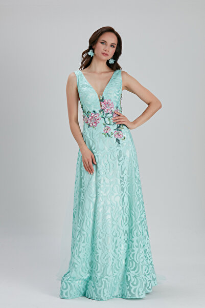 Neva Style Βραδινό φόρεμα με λεπτομέρεια λουλουδιών 7626MINT
