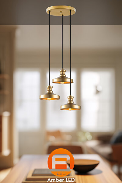 AmberLED Şık Metal Gövdeli 3'lü Tepsi Sarkıt Avize, Mutfak ve Salon İçin E27 Uyumlu