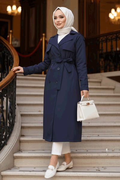 N.S NEVA STYLE معطف طويل إسلامي بحزام باللون الأزرق الداكن 62481L