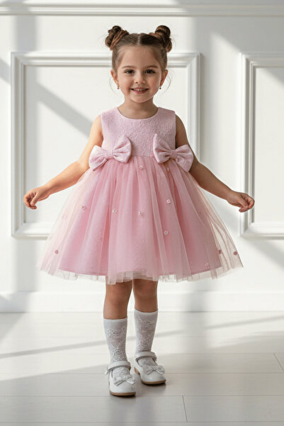 Bertuğ Bebek Brokar Pembe Hayal Tül Gül Detaylı Fiyonklu Abiye Elbise