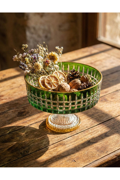 Paşabahçe Gold Detail Green Crystal Cut Bowl 25cm
