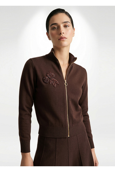 Exquise Zippered Mock Neck Long Sleeve Regular Knitwear Cardigan