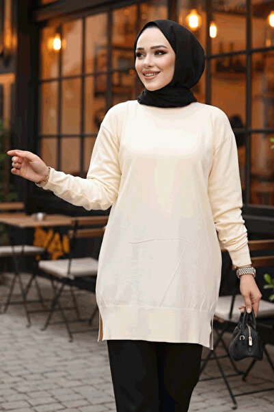 N.S NEVA STYLE Πλεκτό πουλόβερ με σχέδιο μπεζ τουνίκ 17211BEJ