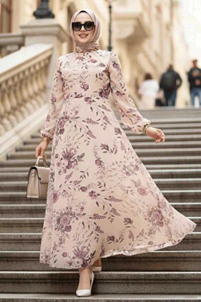 Neva Style Floral Patterned Biscuit Hijab Dress 27960Bs