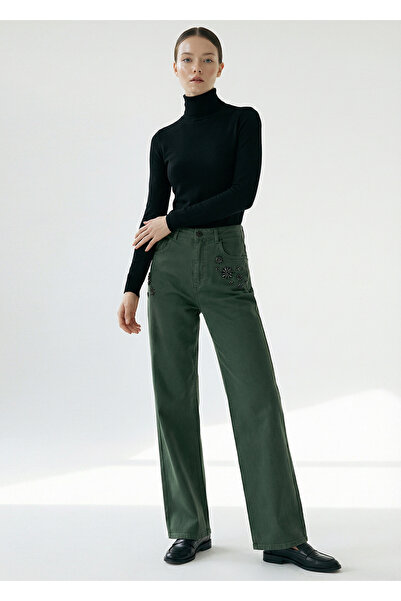 Exquise High Waist Pocketed Woven Green Pants