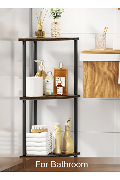 Generic Leon Home corner shelf unit with three tiers, featuring an industrial metal frame and rustic brown shelves.
