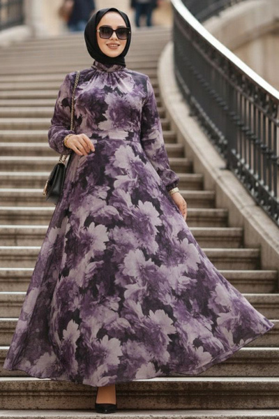 Neva Style Floral Patterned Dark Lilac Hijab Dress 279910 Klila