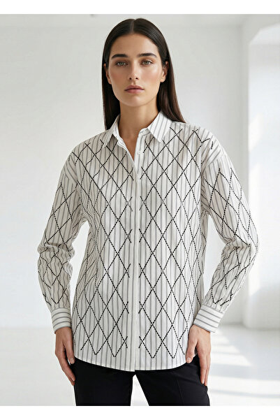 Exquise Cămașă cu mânecă lungă, cu detaliu geometric brodat, țesută obișnuită